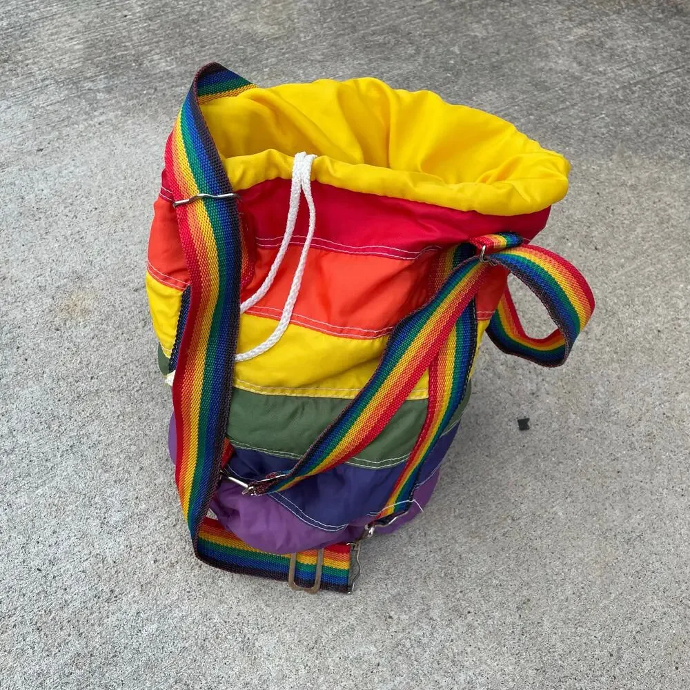 70's Rainbow Stripe Drawstring Bag Vintage Bag True Vintage Workout Gym
